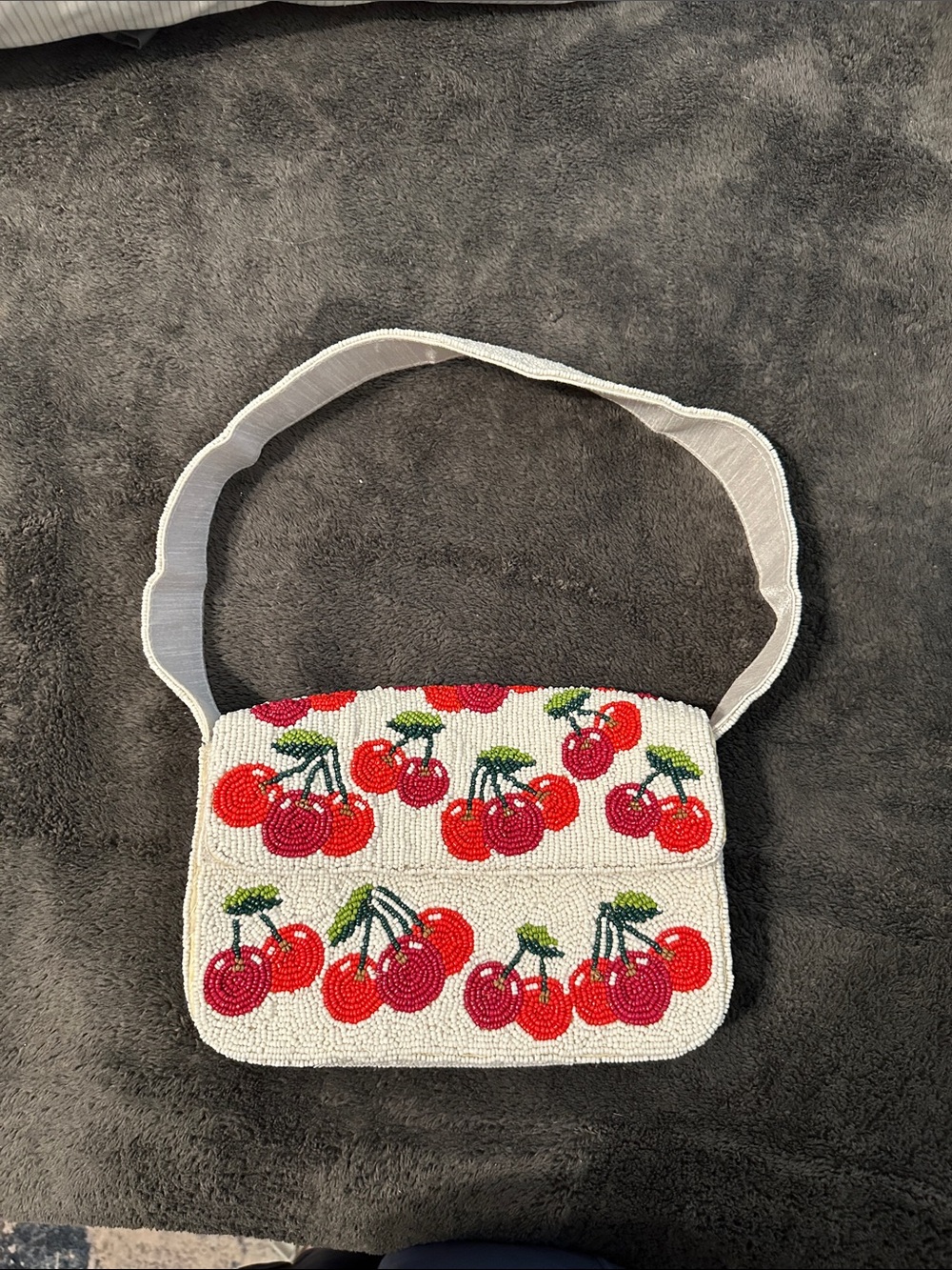 Cherry Beaded Shoulder Bag - White